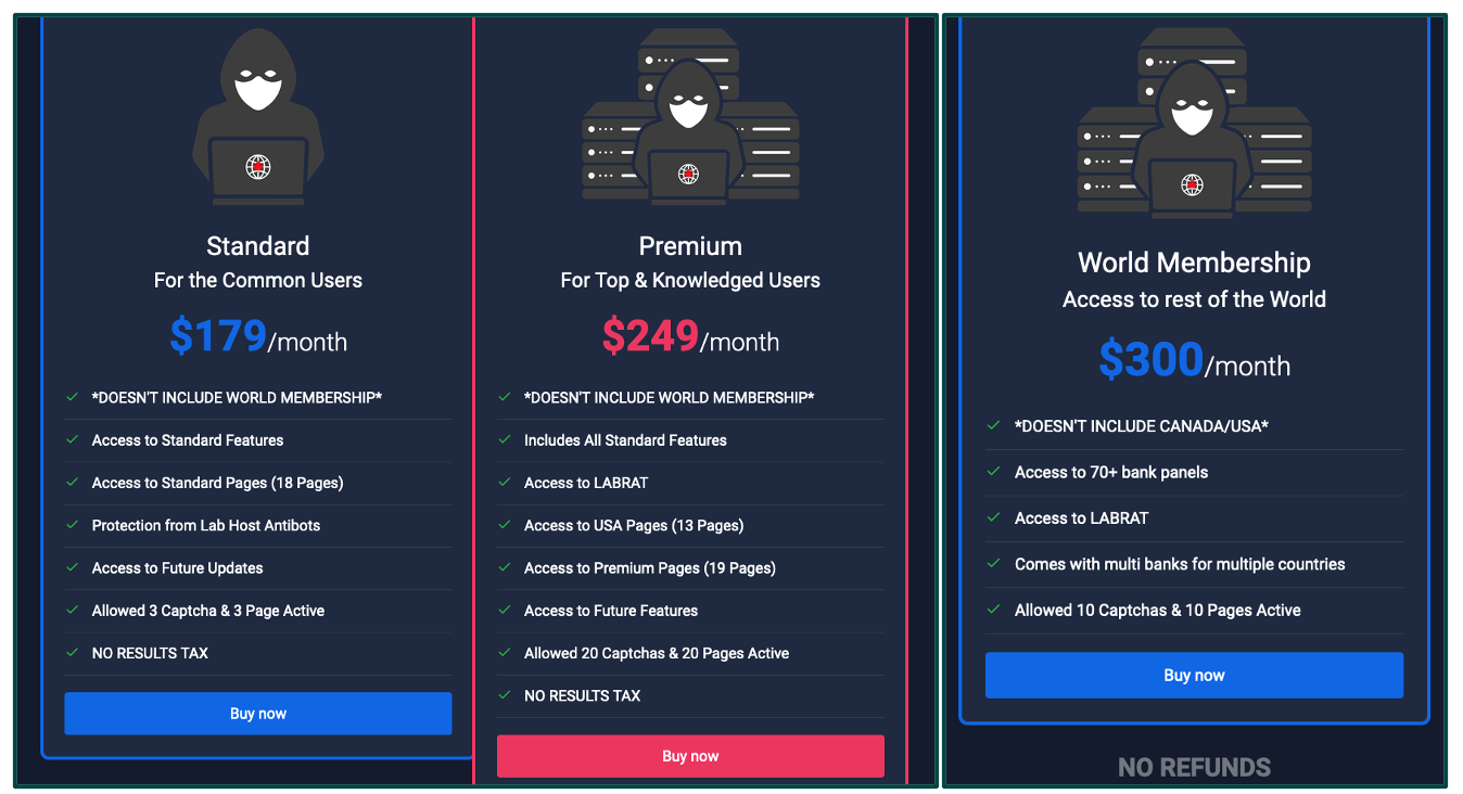 Monthly subscriptions offered by LabHost phishing service.