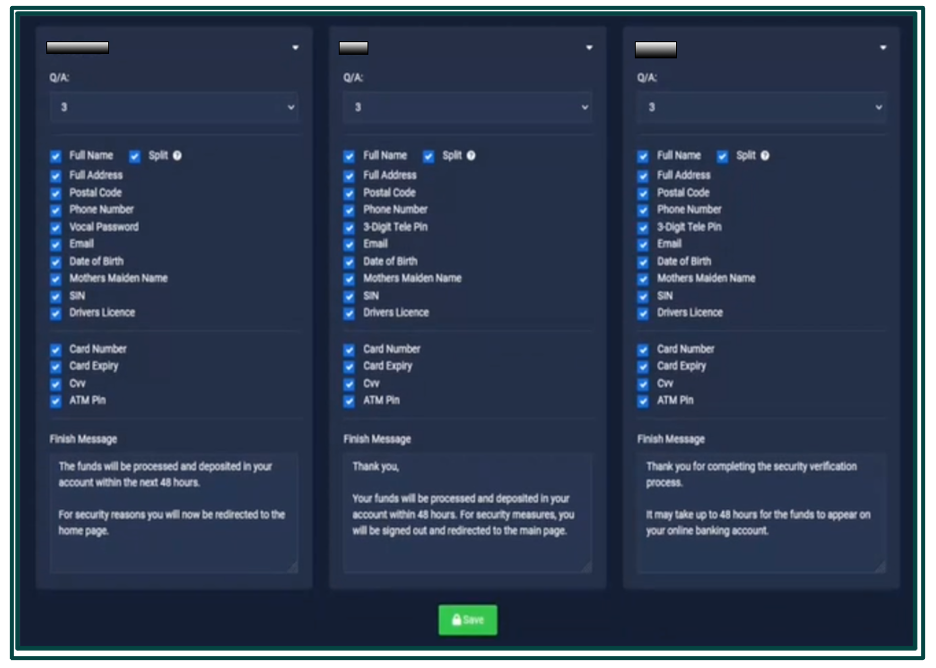 Sample of multi-branded phishing kit setup and customization.